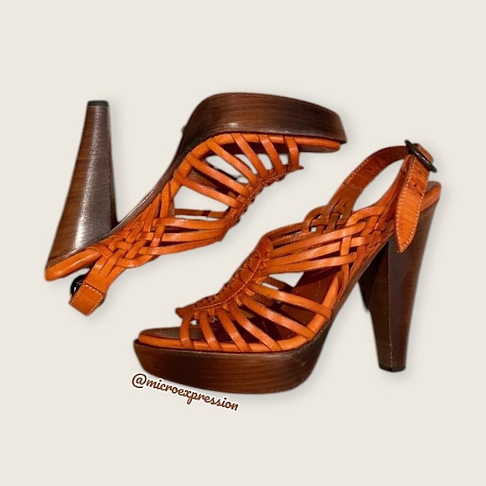 $329 Frye Joy Huarache Cognac Leather Sling Strappy Leather Sandal/Platform Heel - Picture 12 of 12